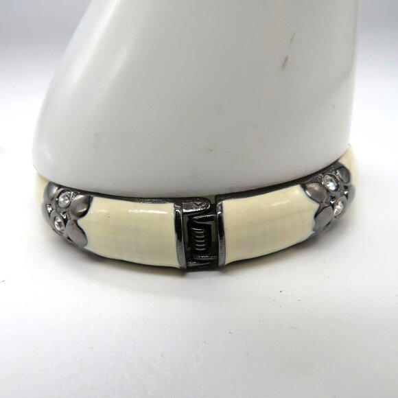 Enamel Bracelet Cream Gun Metal Gray Hinged Bangle Clear Rhinestone Accents - Picture 11 of 12